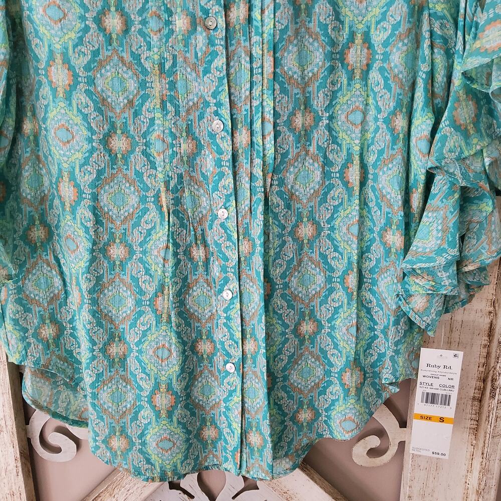Ruby Rd Ikat Ruffle Sleeve Blouse Small Boho Retro Lightweight Top - Picture 11 of 12